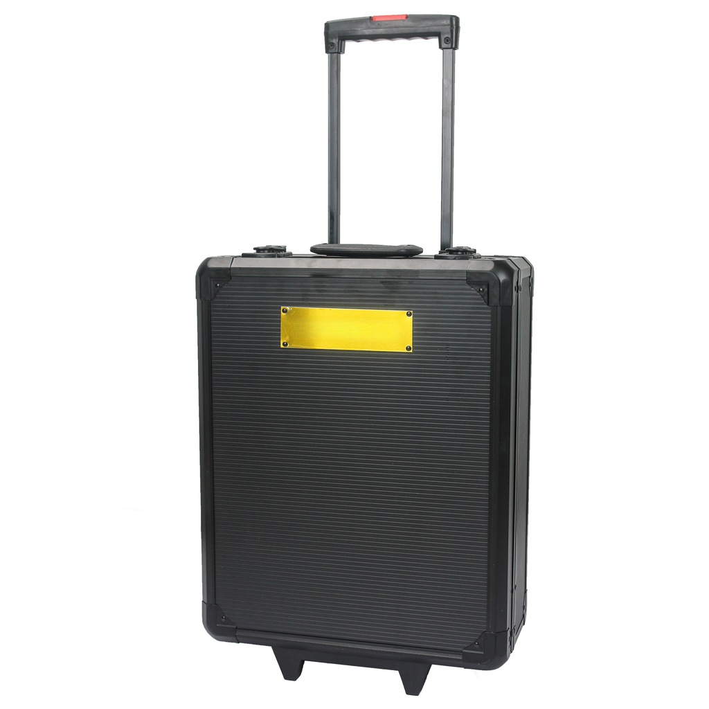 Black aluminum rolling briefcase with retractable handle and gold nameplate