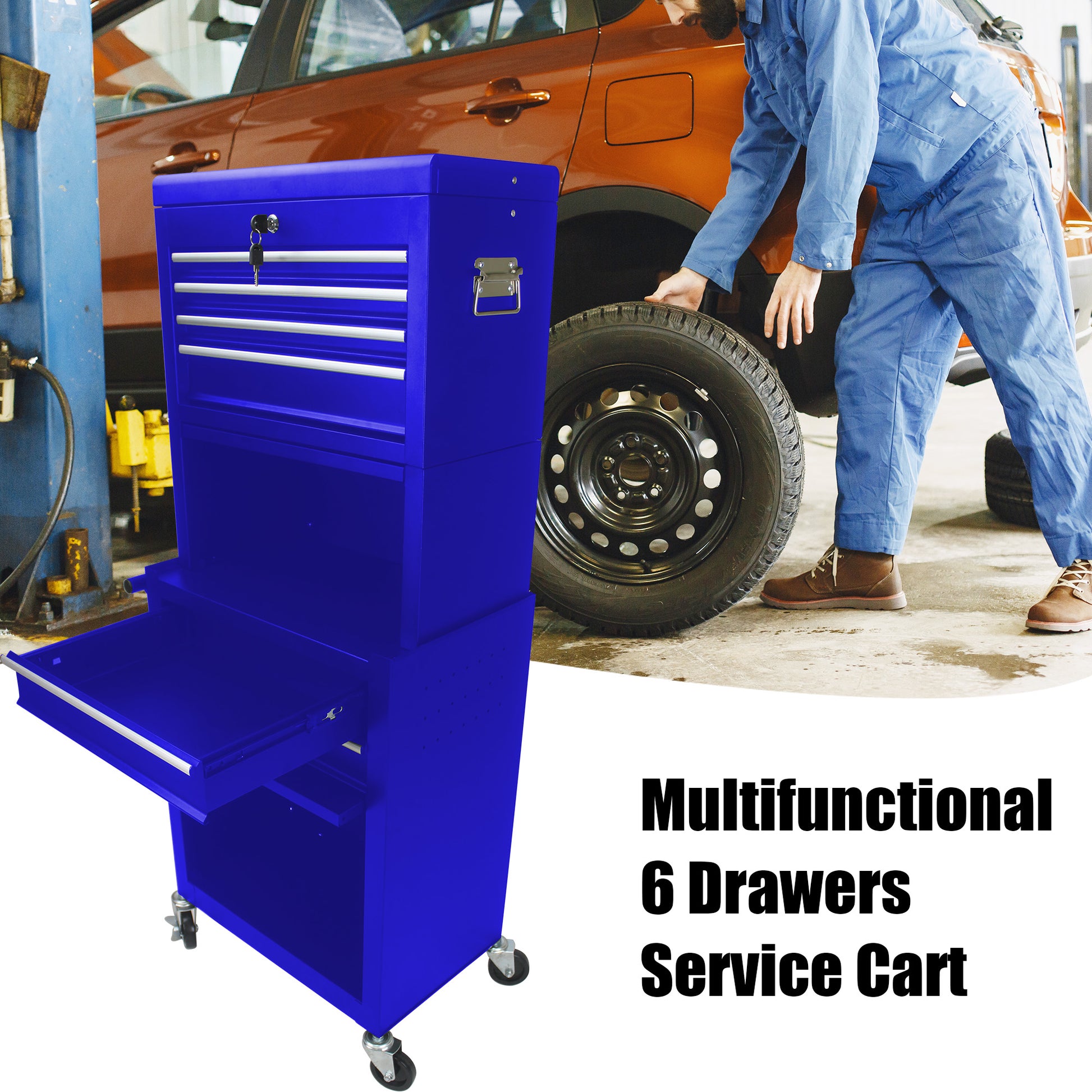 Blue multifunctional service cart with  drawers and casters
