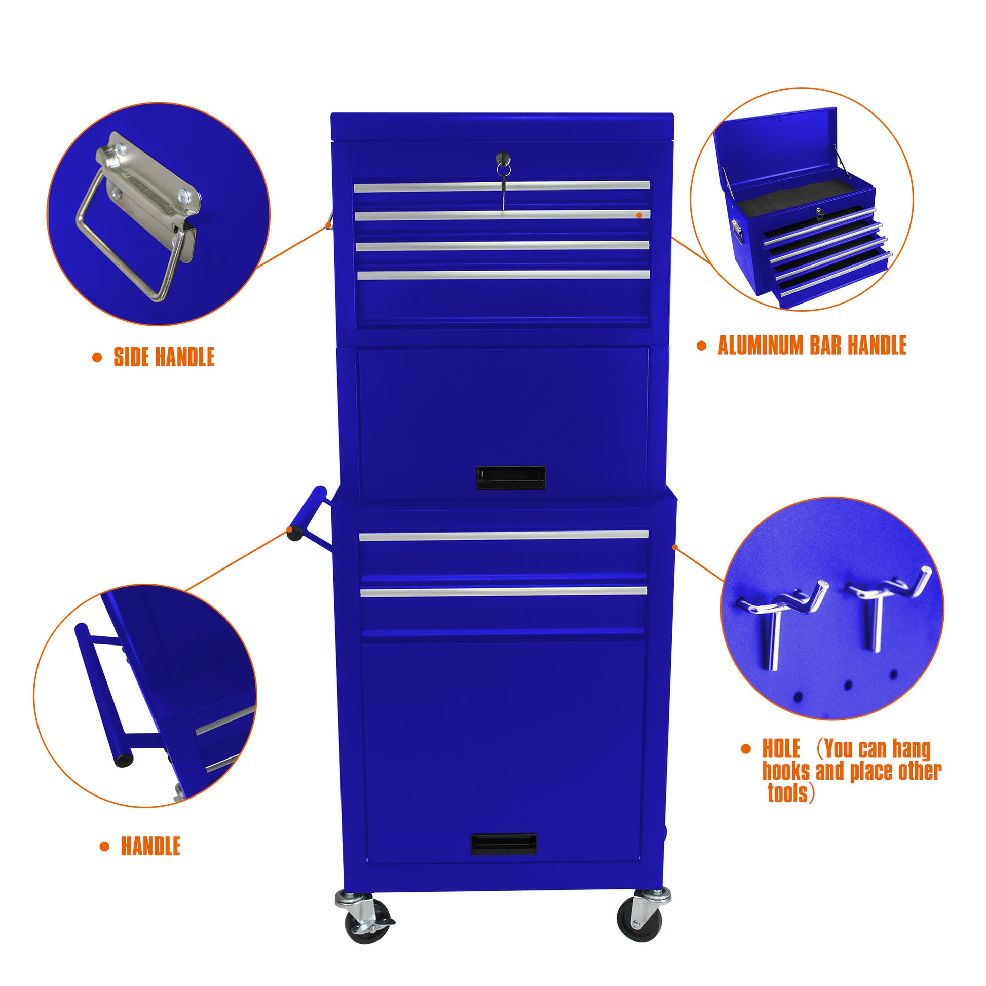 Blue metal tool chest with multiple drawers and silver hardware