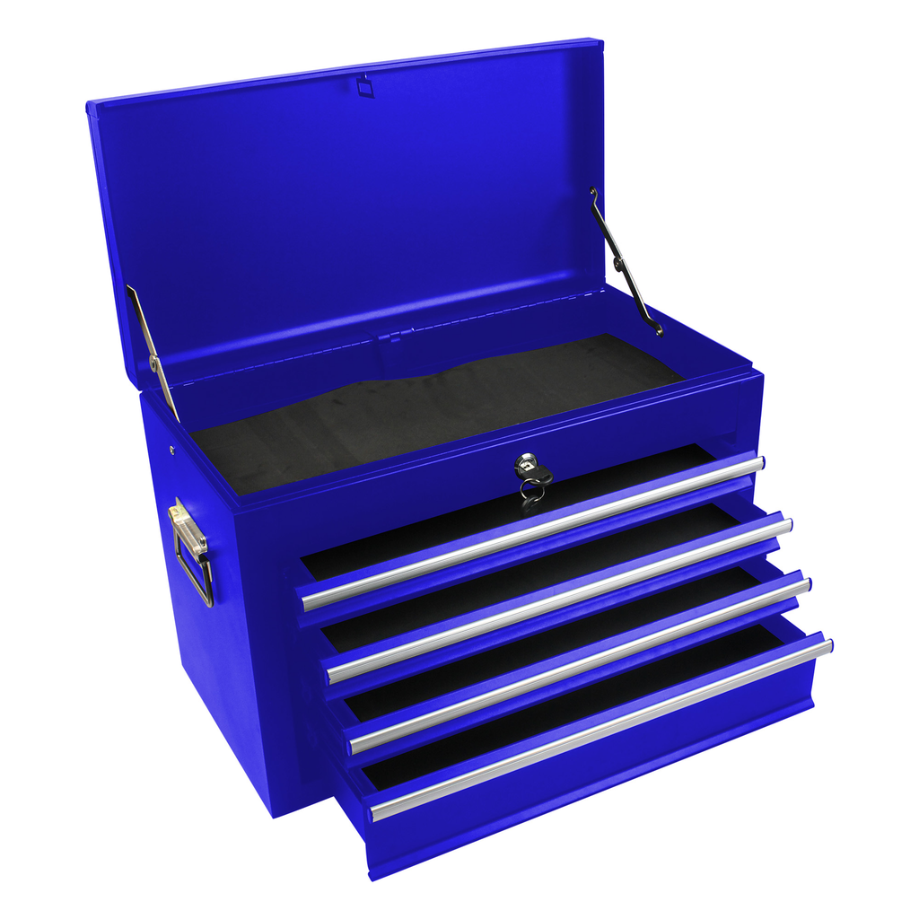Blue steel tool chest with five drawers and an open lid