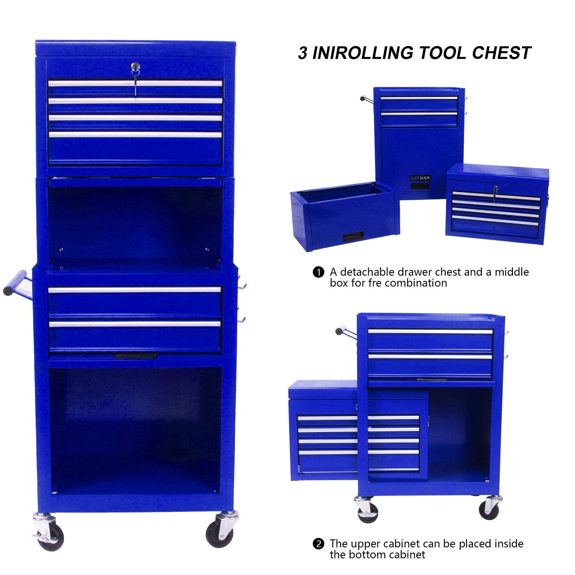 Blue rolling tool chest with  drawers and lock