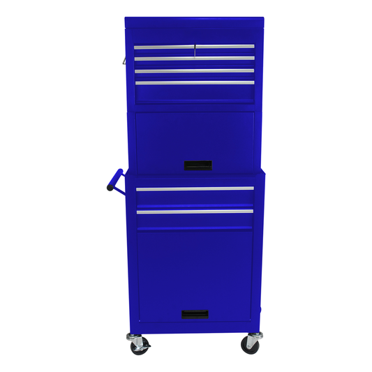 Blue rolling tool chest with multiple drawers and silver handles