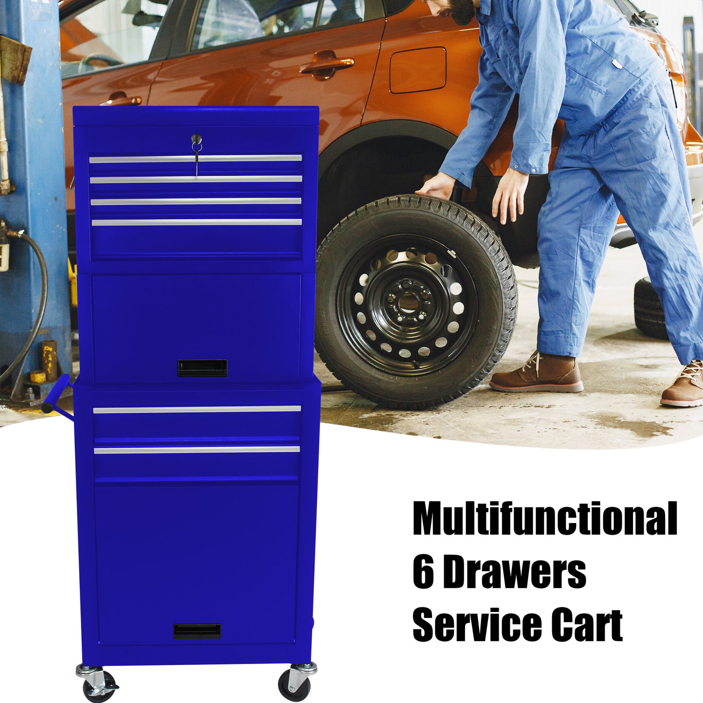 Blue metal service cart with six drawers and a key lock