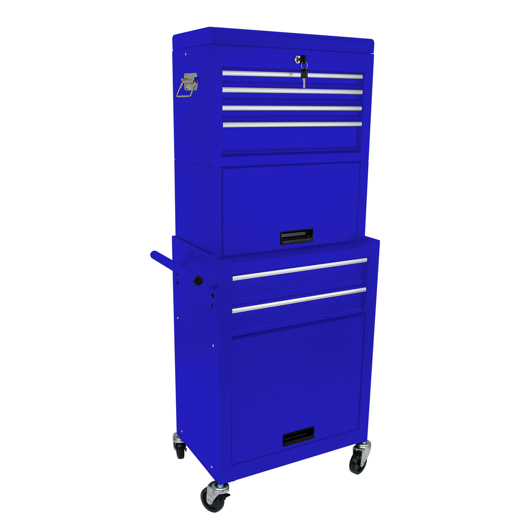 Blue metal tool chest with multiple drawers and casters
