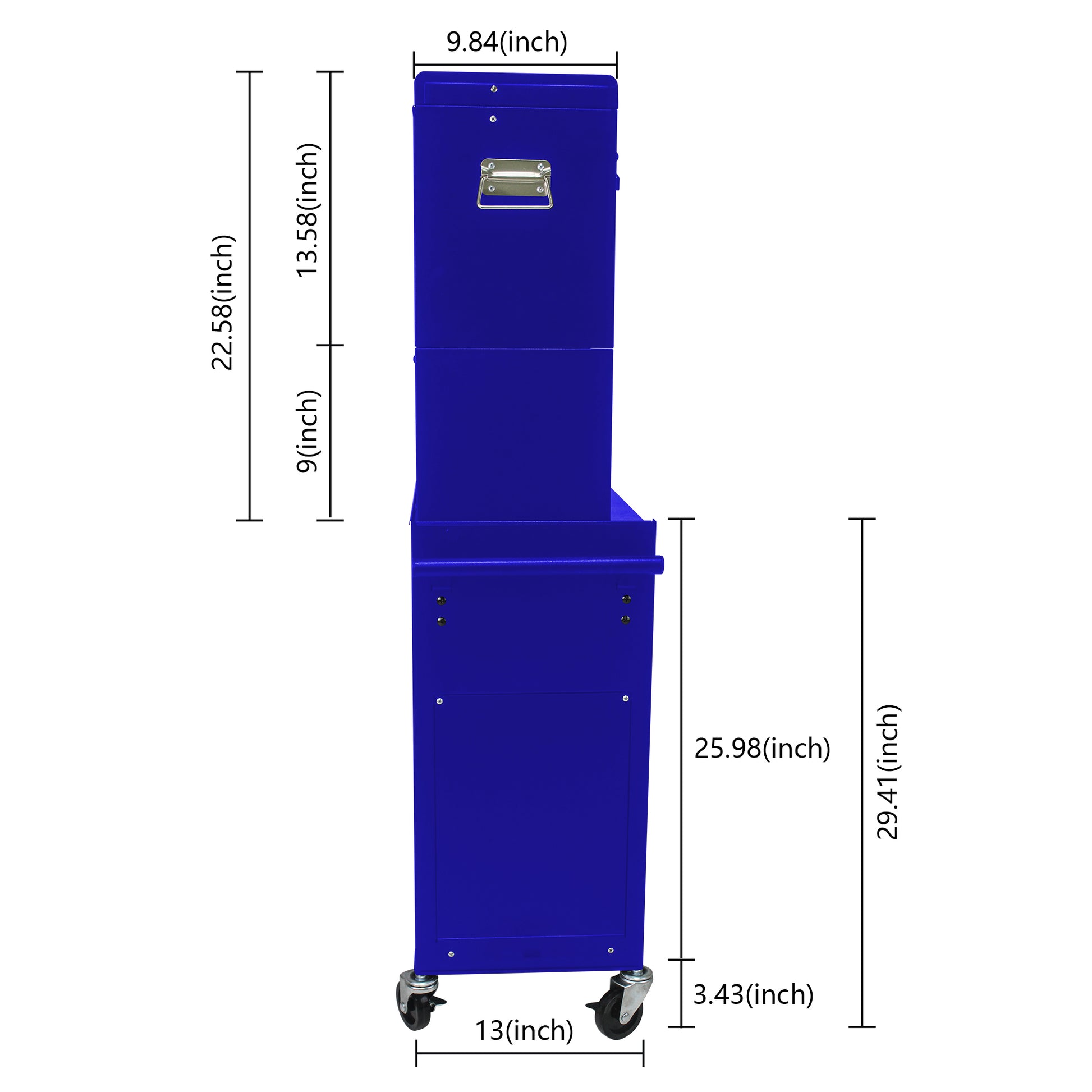 Blue multilevel rolling tool chest with chrome handle and wheels