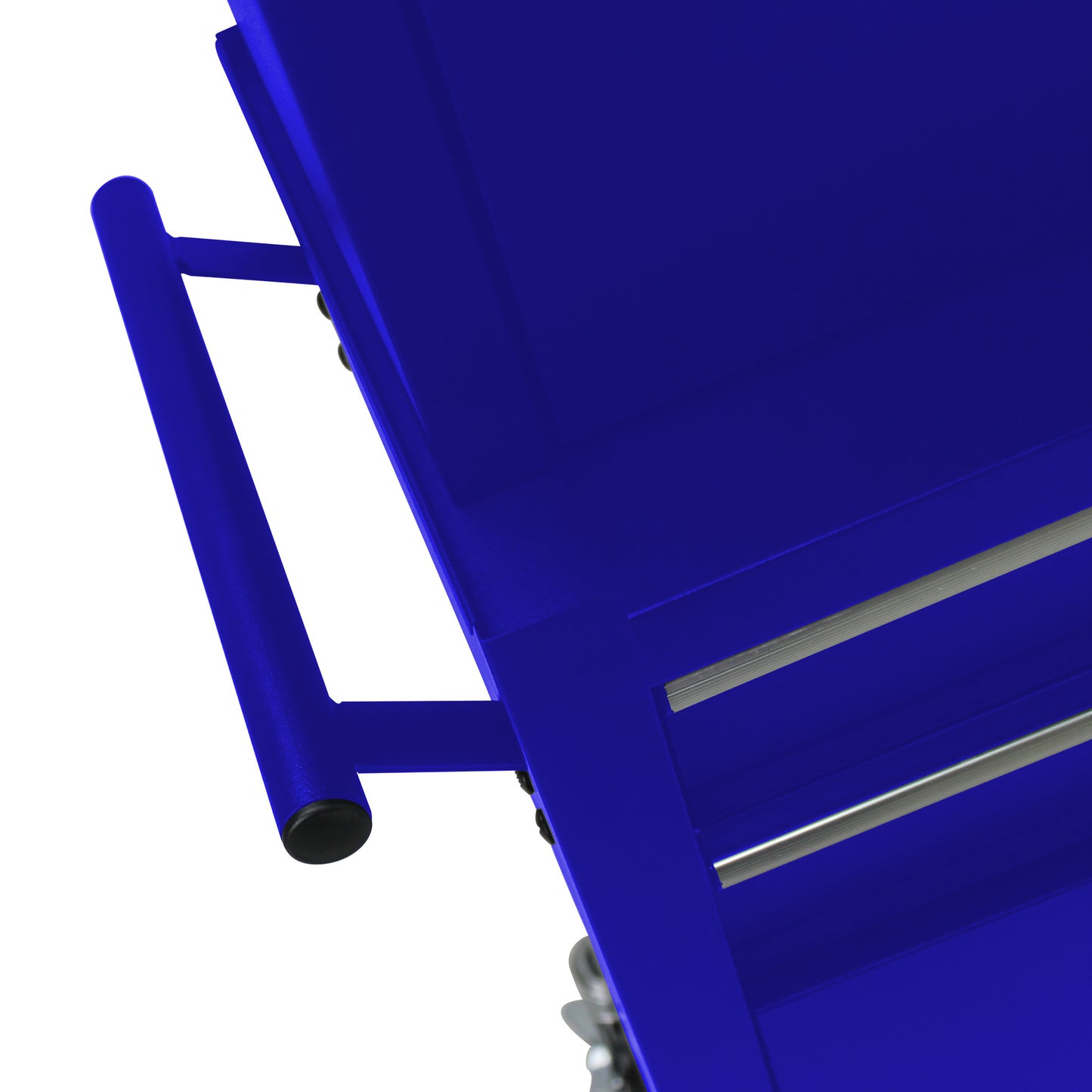 Closeup of blue metal toolbox drawer slides