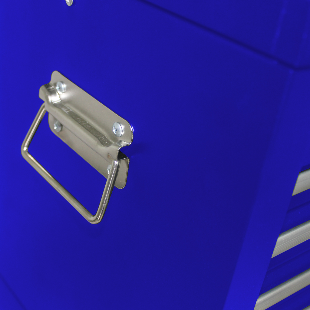 Blue tool chest with a silver swing handle