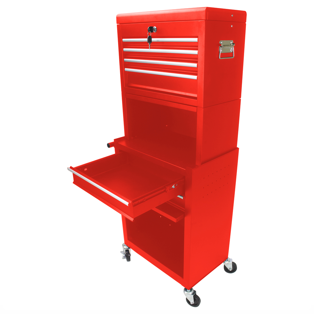 Red metal rolling toolbox with multiple drawers and lock