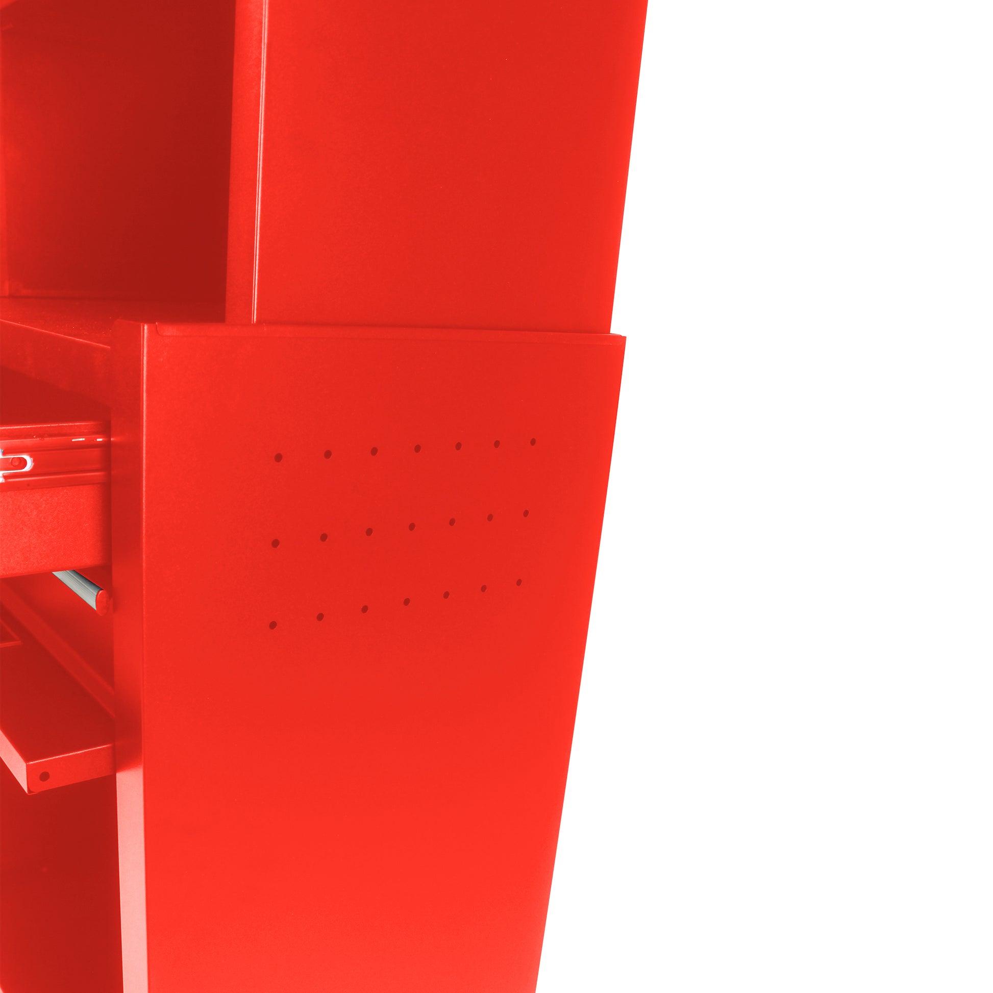 Red metal tool chest detail with open drawer and pegboard holes