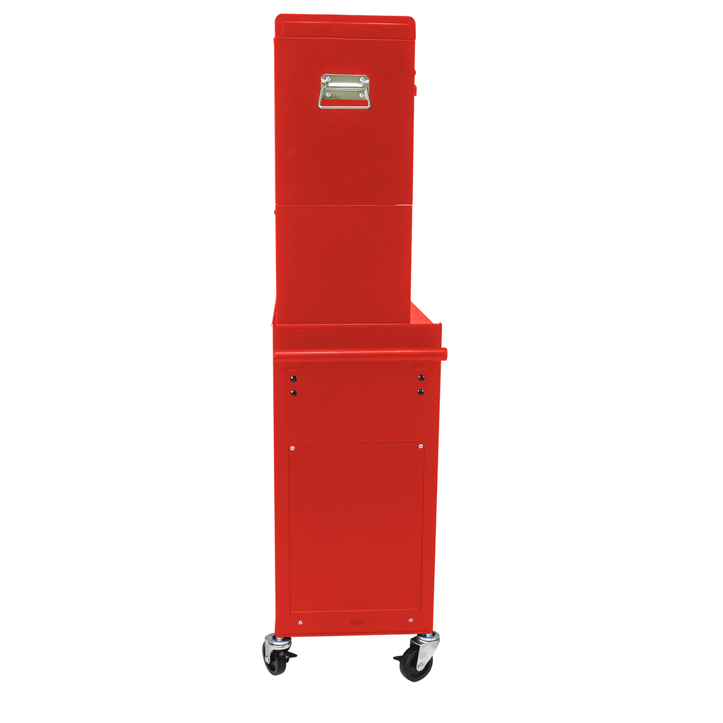 Red metal rolling tool chest with stacked compartments and silver handle