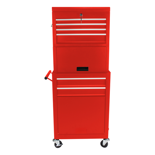 Red metal rolling tool chest with multiple drawers and a lock