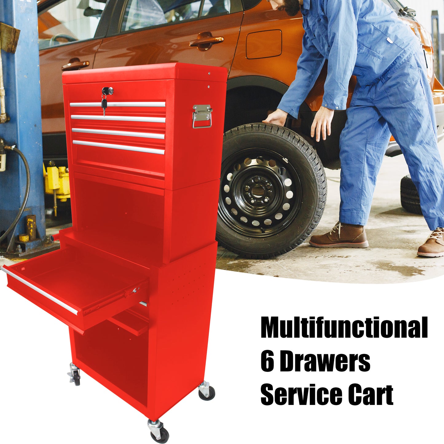 Red metal drawer service cart with caster wheels ideal for auto repair shops