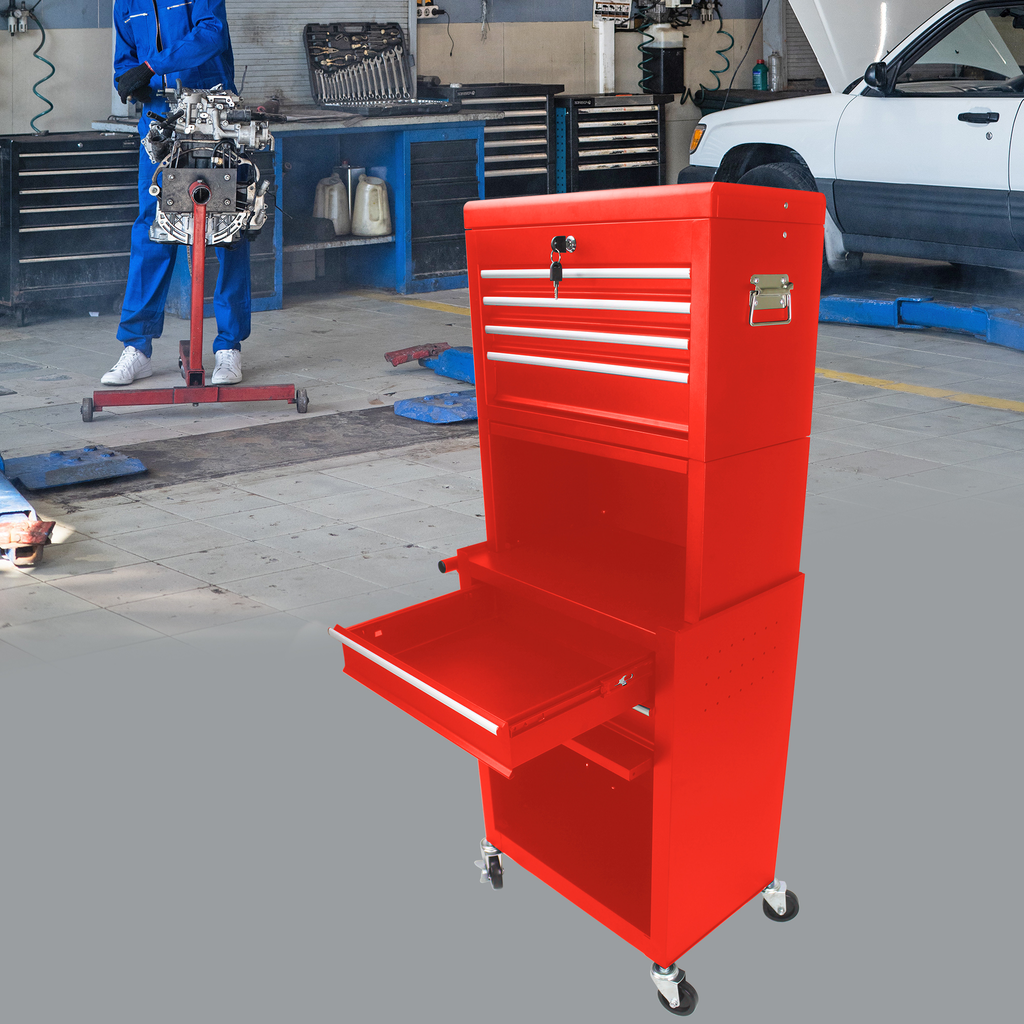 Red rolling tool chest with multiple drawers and a keyed lock