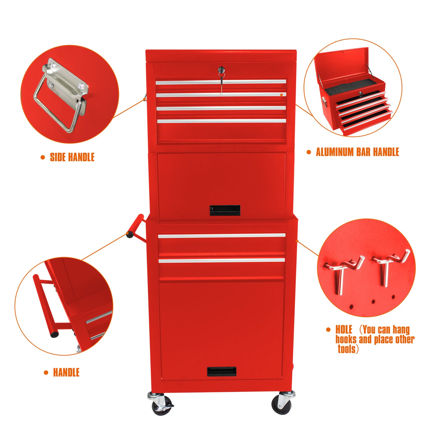 Red rolling tool chest with multiple drawers and silver hardware