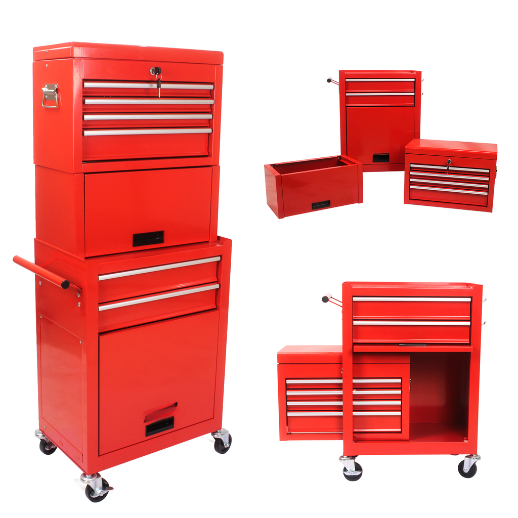 Red rolling tool chest with stacked drawers and locking top compartment