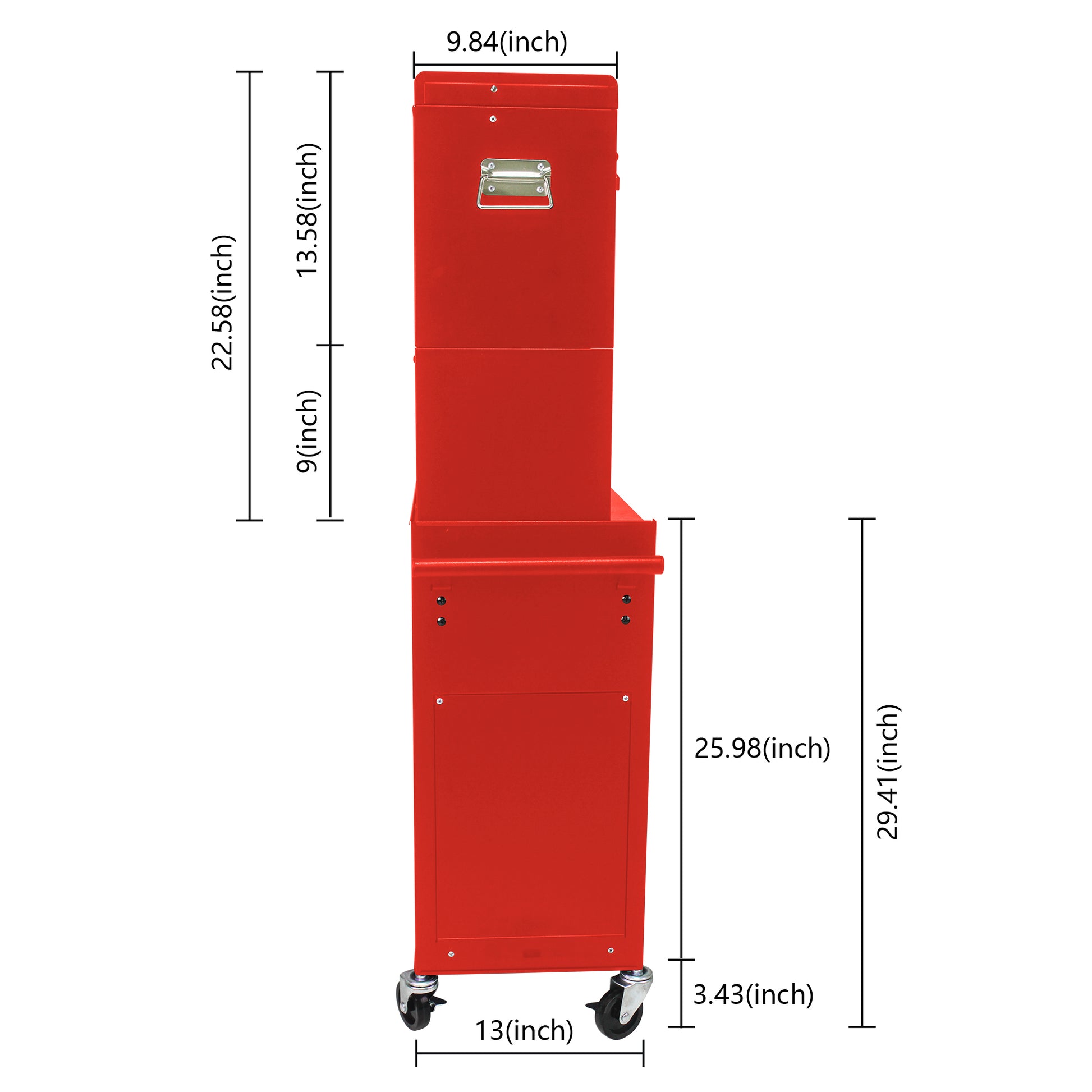 Red metal rolling tool chest with stacked compartments and side handle  inches tall