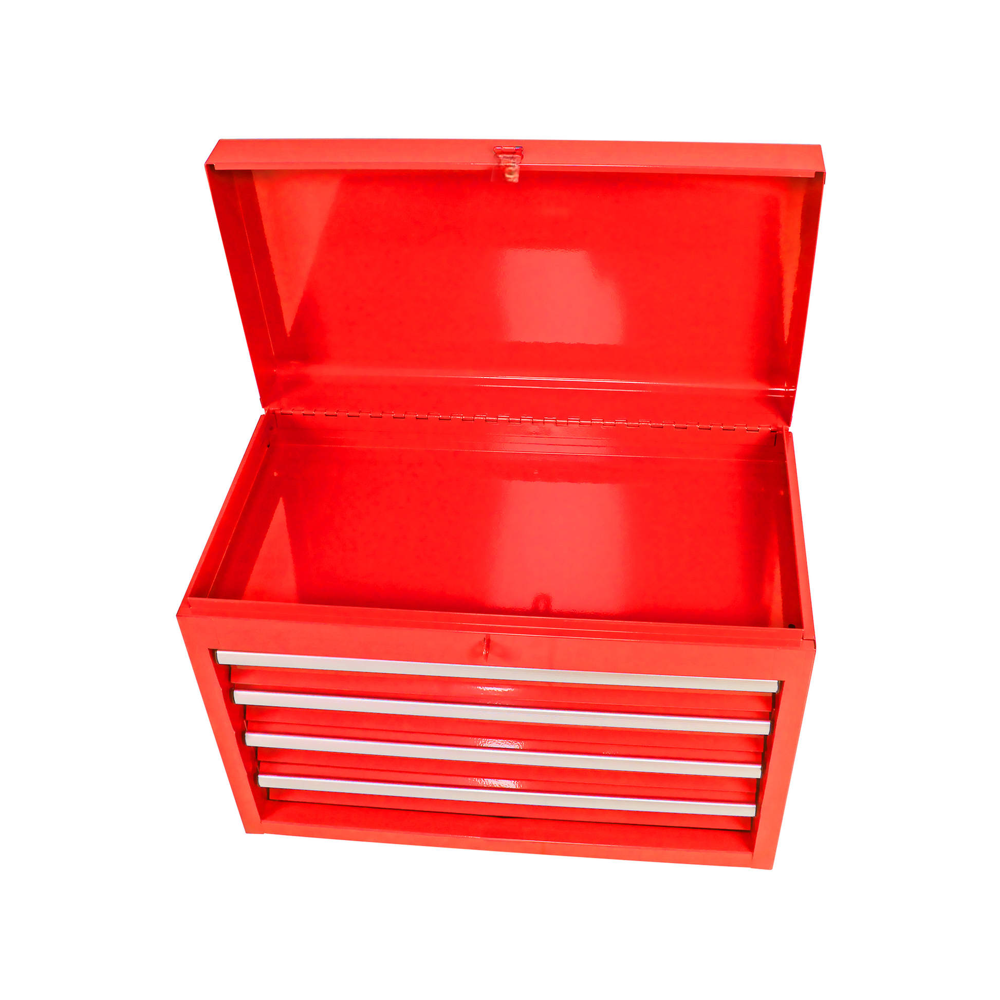 Red metal toolbox with open lid and four drawers