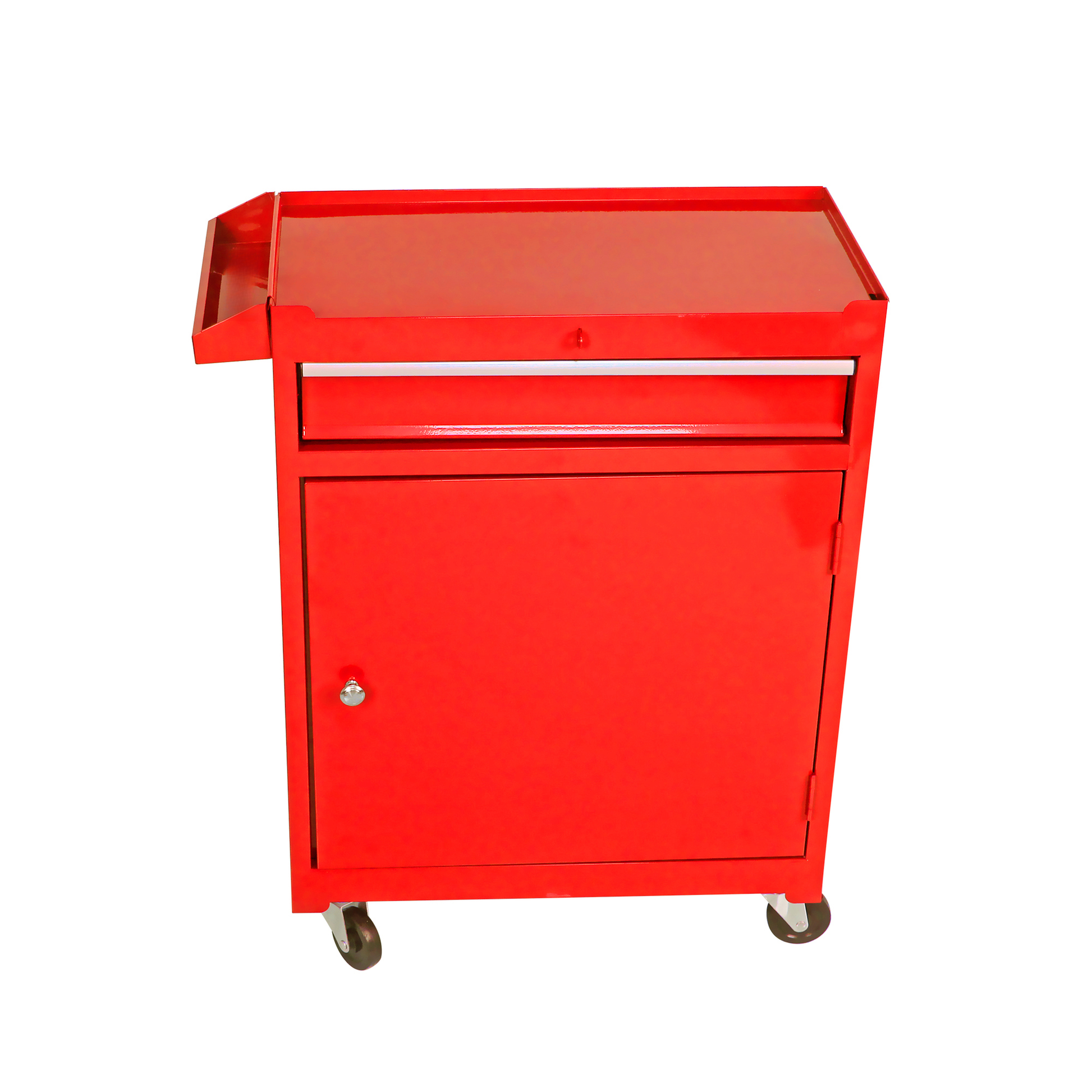 Red metal tool cart with one drawer and a cabinet door on wheels