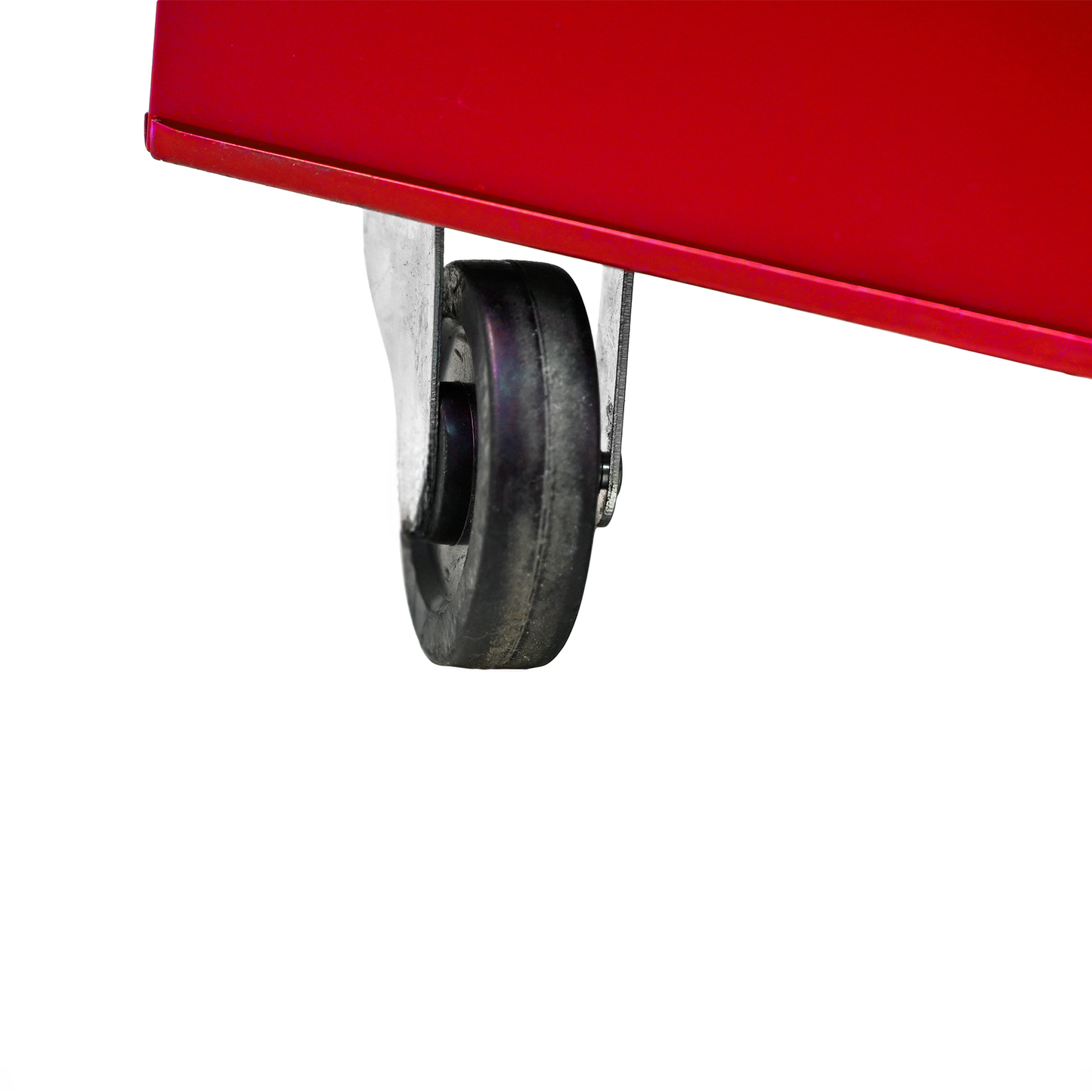Red metal wagon corner with a black rubber wheel attached to a silver bracket
