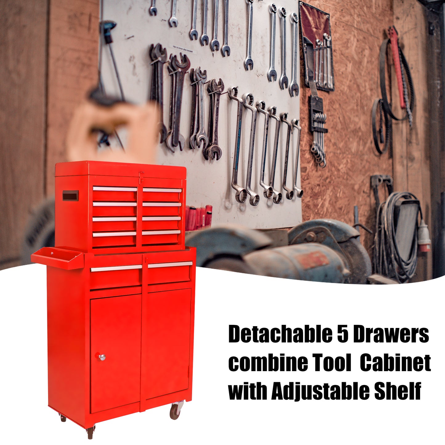 Red detachable drawer tool cabinet with adjustable shelf