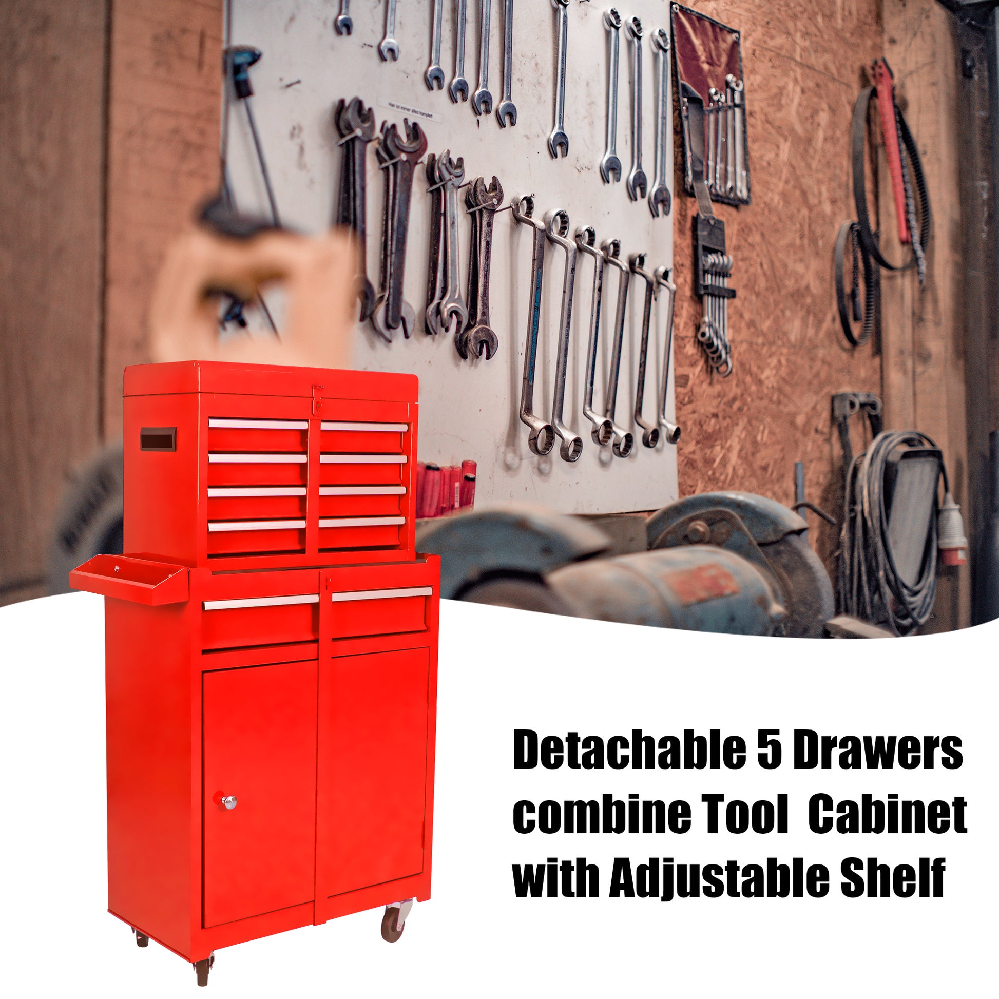 Red detachable drawer tool cabinet with adjustable shelf