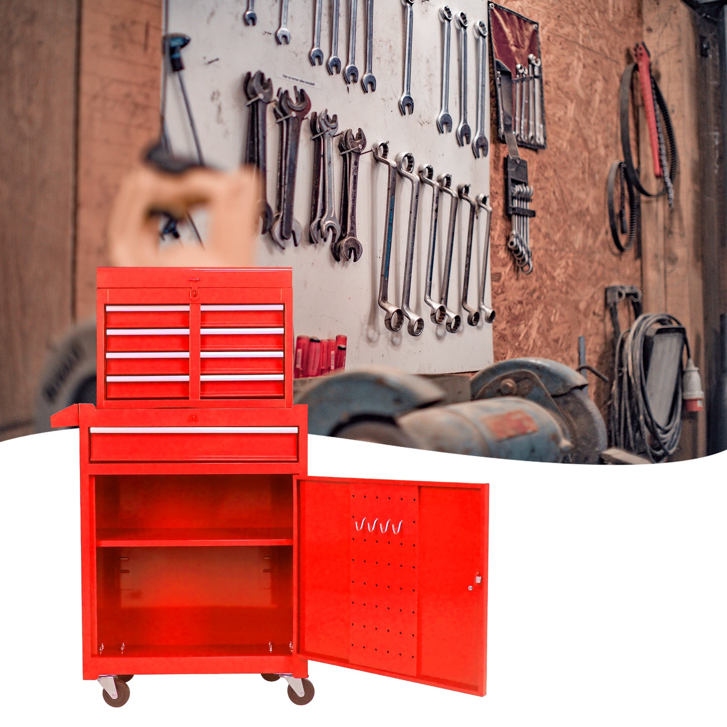 Red drawer rolling tool chest with open cabinet