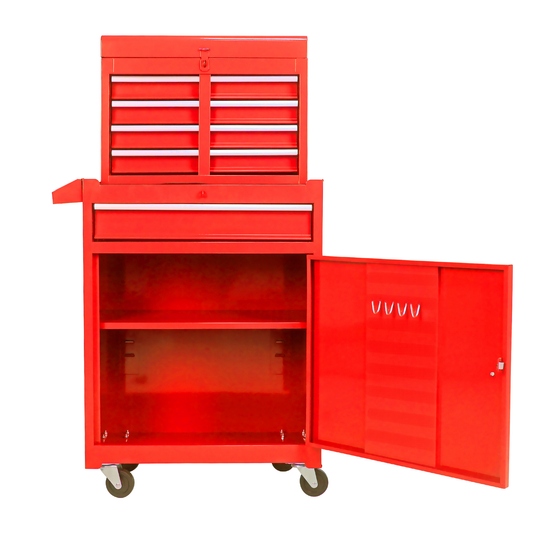 Red rolling tool chest with multiple drawers and an open cabinet