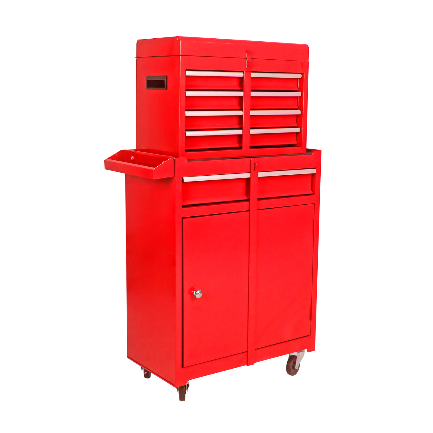 Red metal rolling toolbox with  drawers for tools and garage organization
