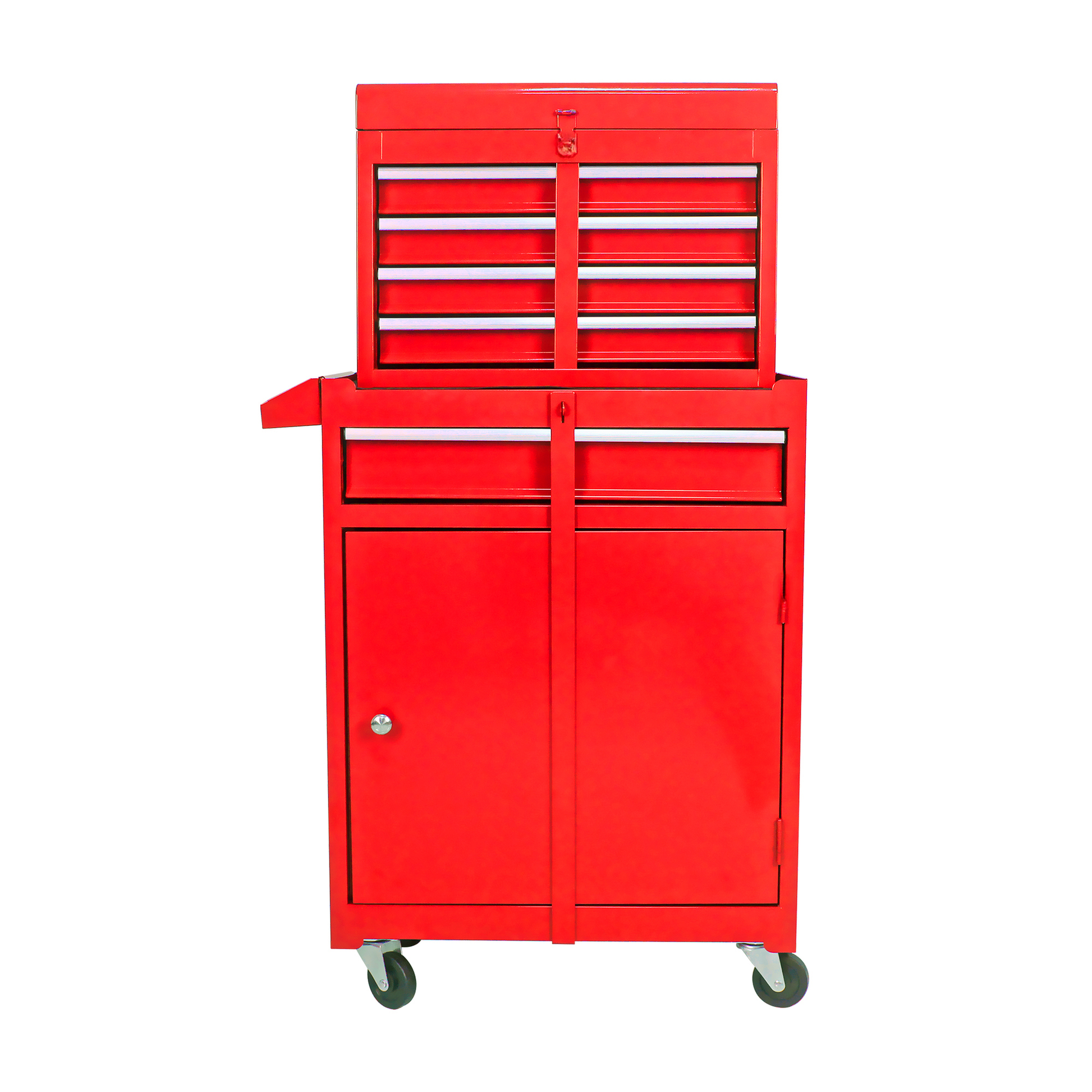 Red metal rolling toolbox with multiple drawers and cabinet doors for tool storage