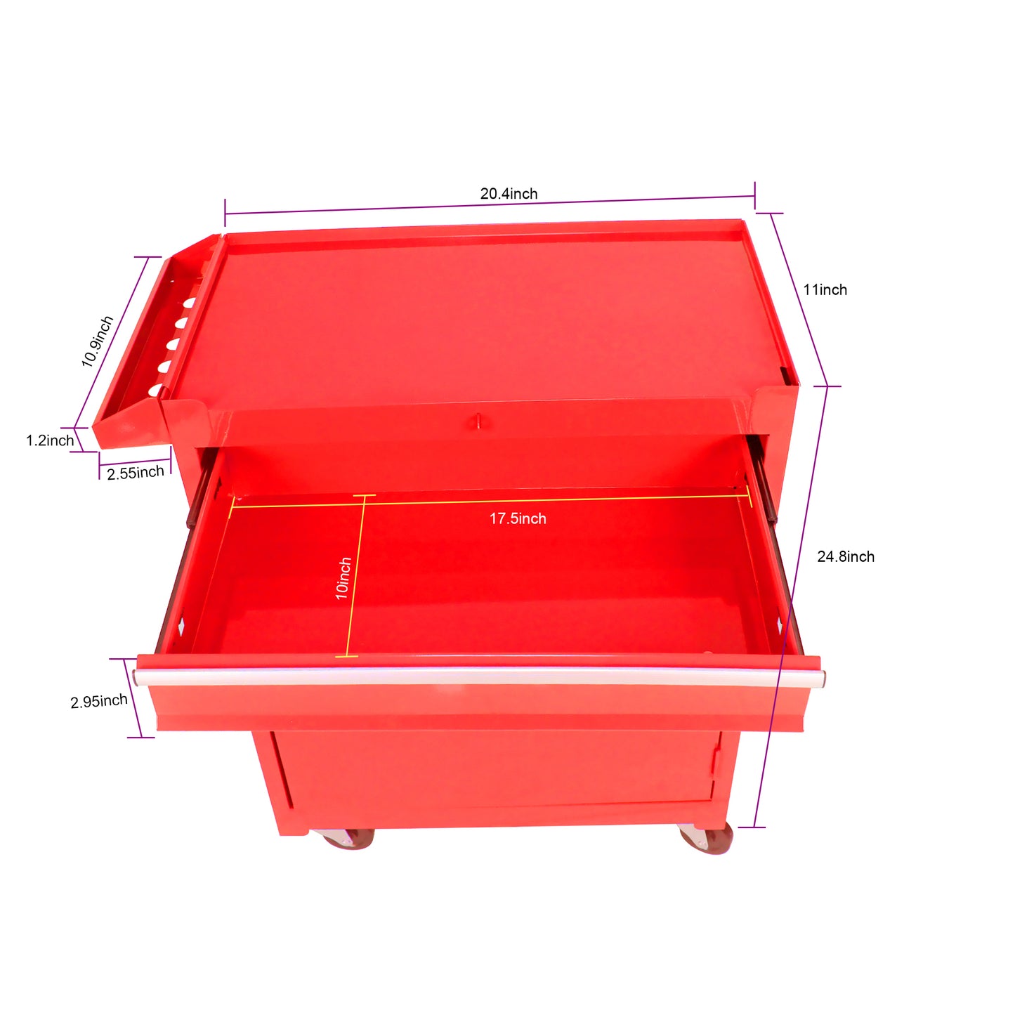Red metal rolling toolbox with two drawers and organized tool slots
