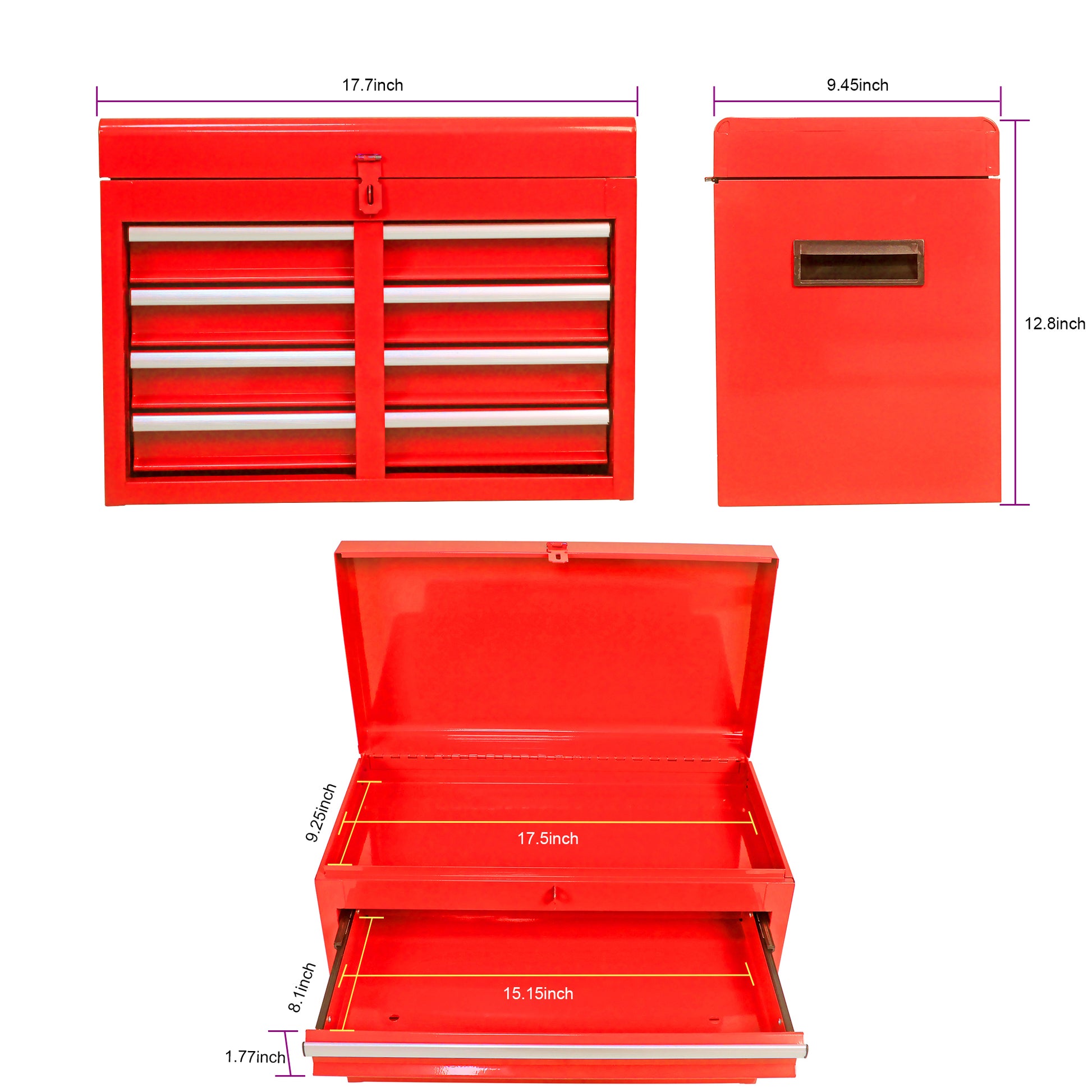 Red drawer steel tool chest open with dimensions