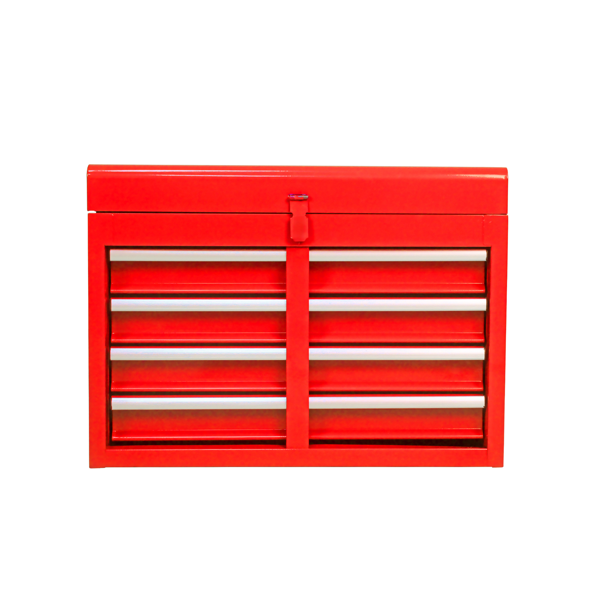Red metal tool chest with seven drawers and silver drawer pulls