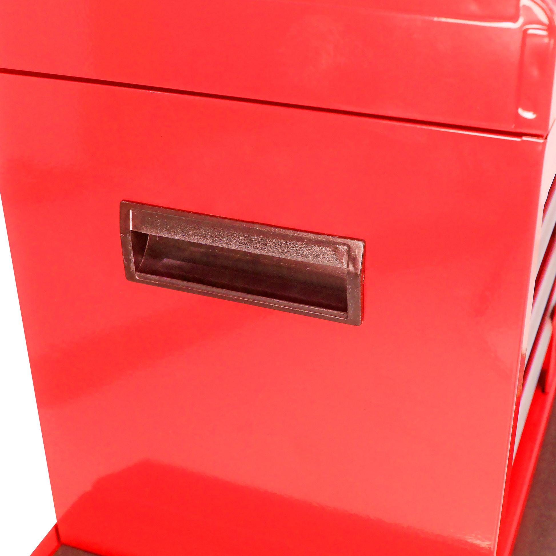 Red metal tool chest drawer with dark grey handle