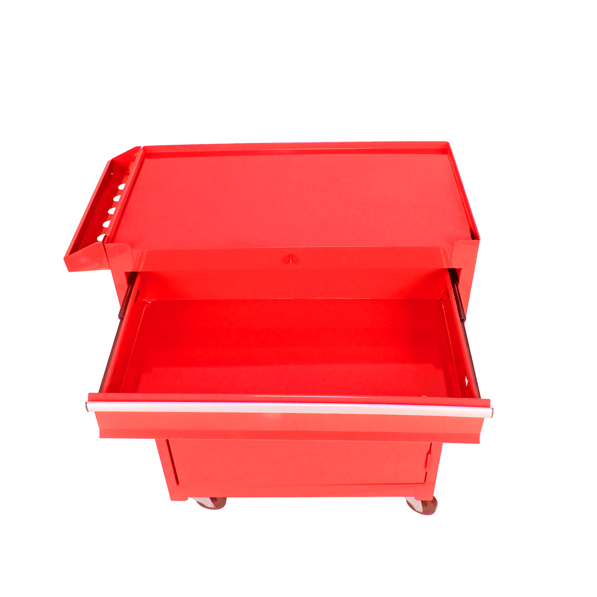 Red metal toolbox with one drawer open on wheels
