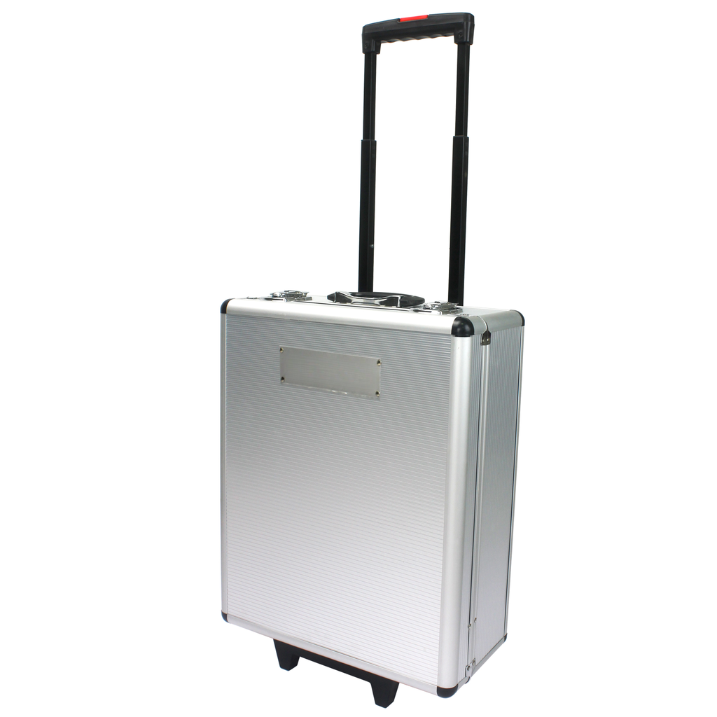 Silver aluminum rolling briefcase with black handle and wheels
