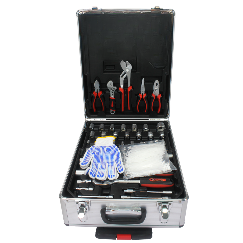 Open aluminum tool kit with assortment of wrenches pliers sockets and gloves