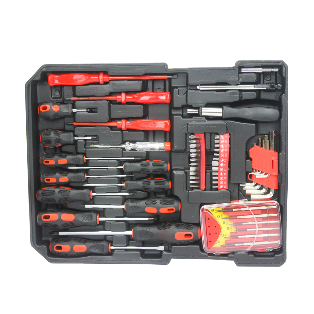 Extensive screwdriver set with red and black handles