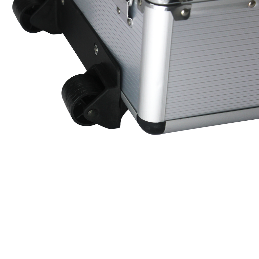Silver aluminum rolling case detail with black wheels and reinforced corners