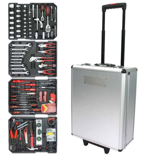 Silver rolling tool case with assortment of wrenches and pliers