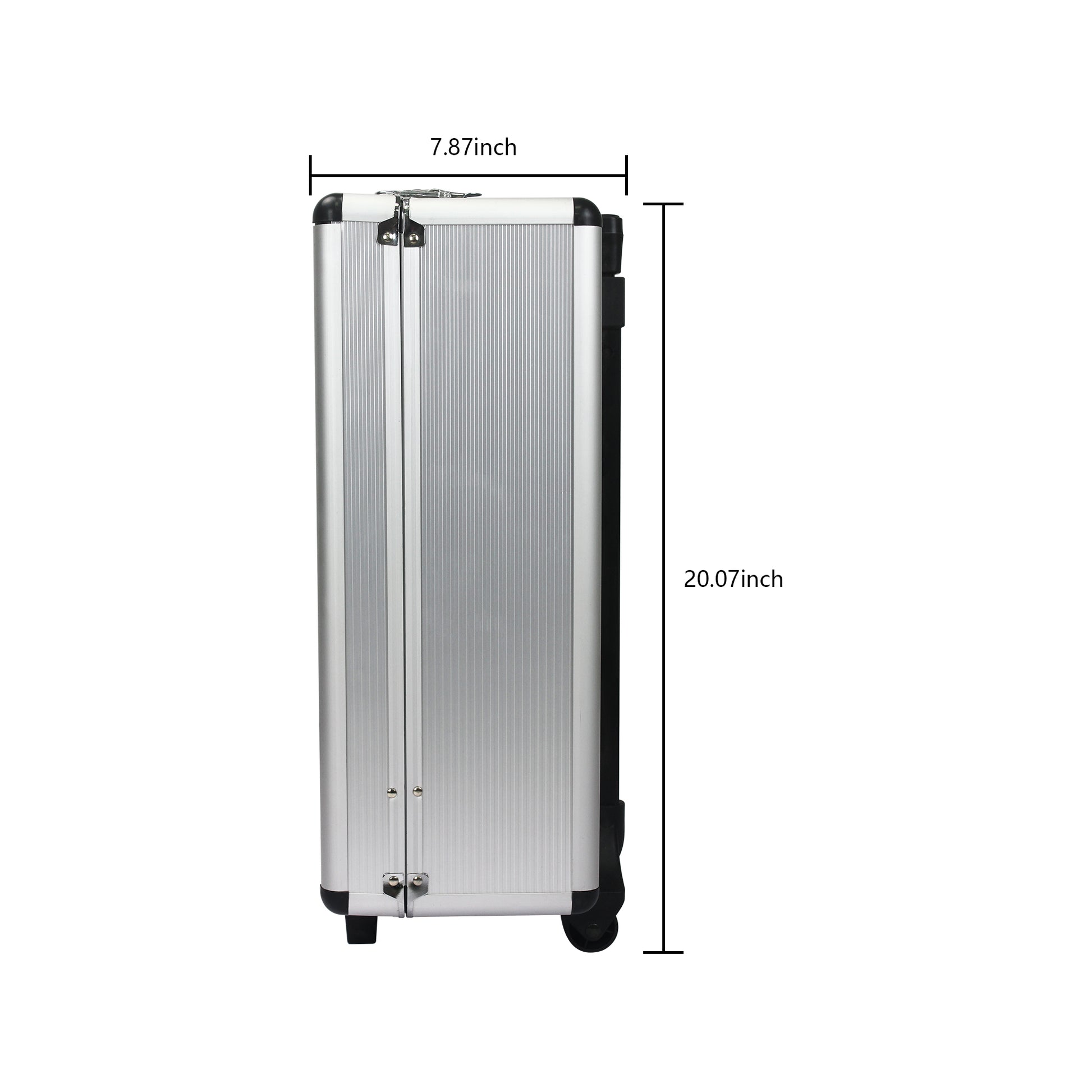 Silver aluminum makeup train case with wheels and dimensions shown