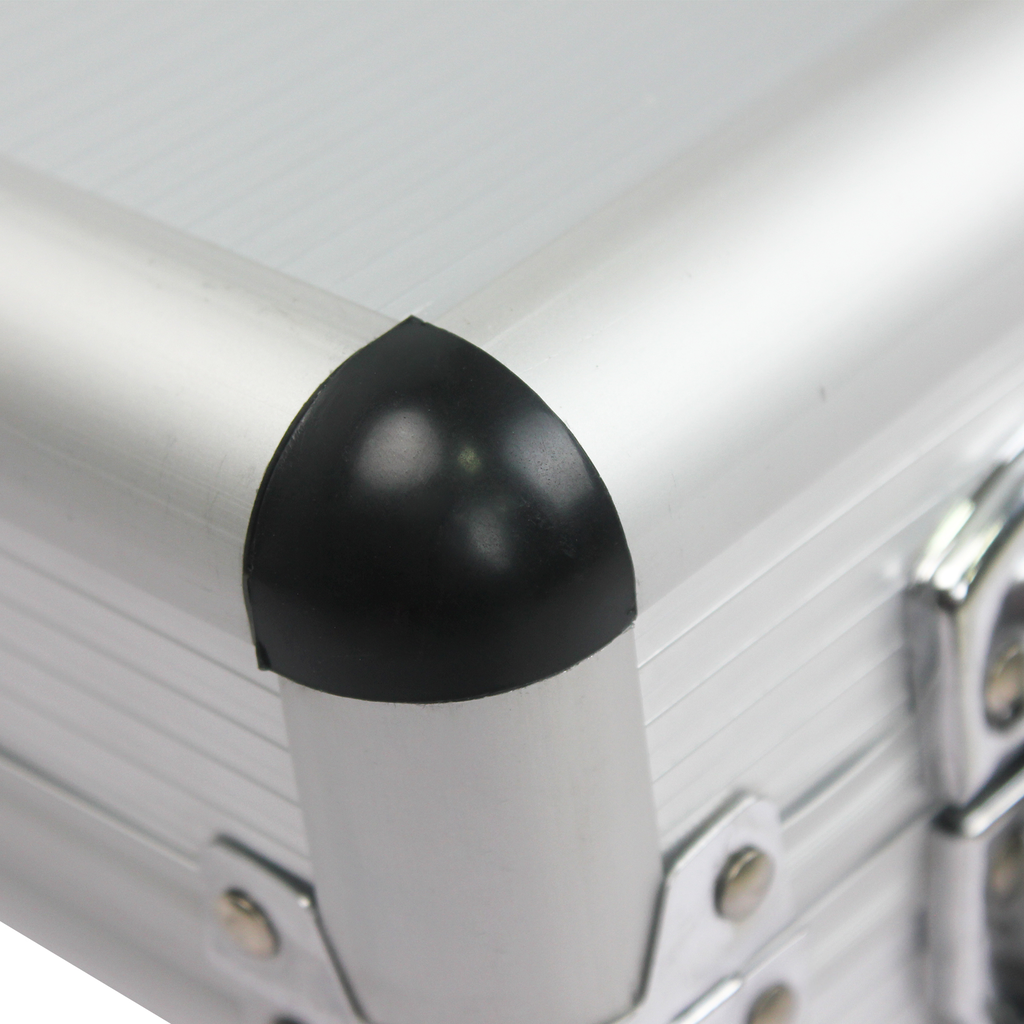 Closeup of silver aluminum case corner with black protective bumper