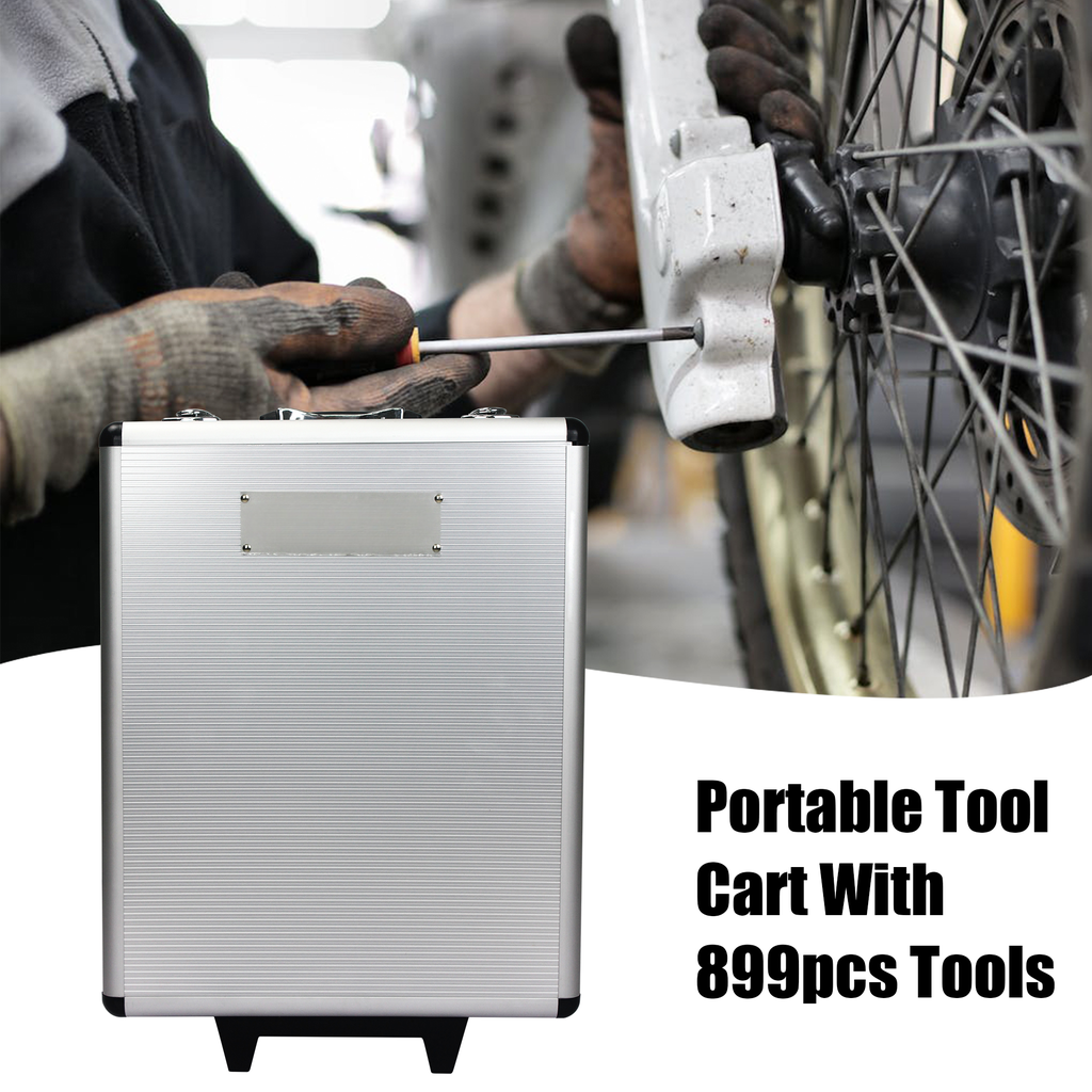 Silver aluminum portable tool cart with a textured finish and two black wheels