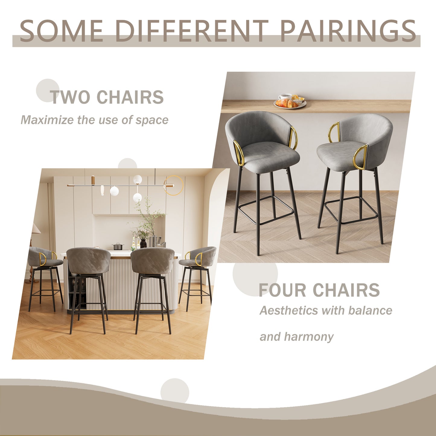 Pair of grey upholstered bar stools with gold accents and black legs perfect for a modern kitchen