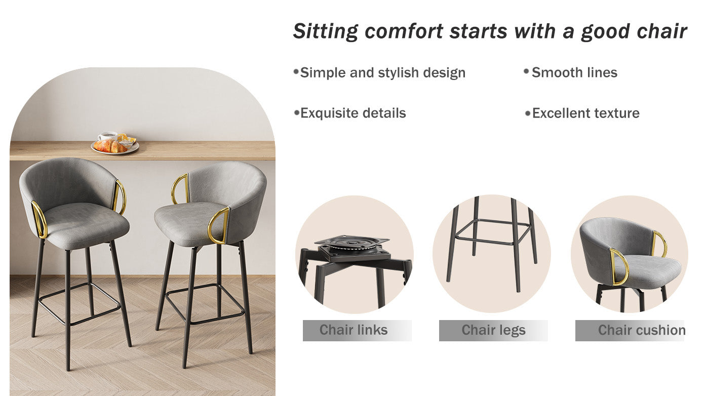 Gray upholstered bar stool with gold armrests and black legs