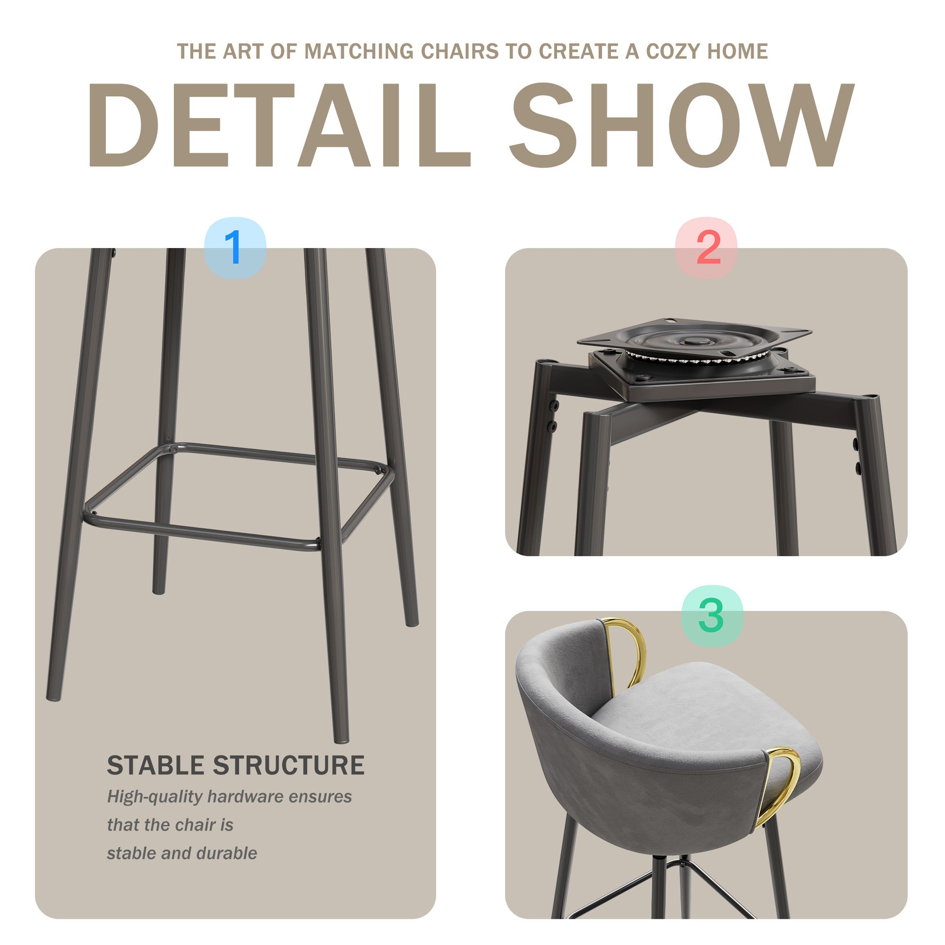 Closeup of dark grey metal bar stool legs and footrest showing stable structure