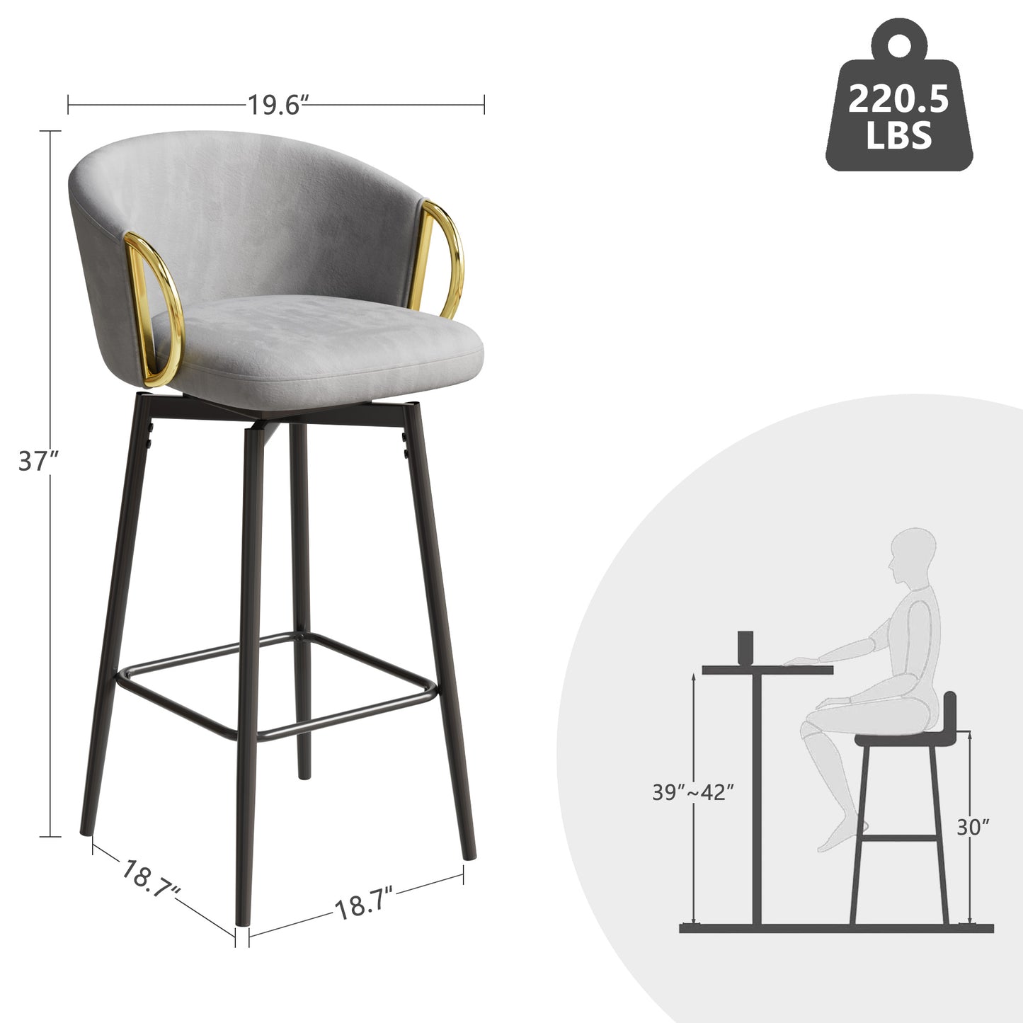 Grey velvet swivel bar stool with gold armrests and black metal legs