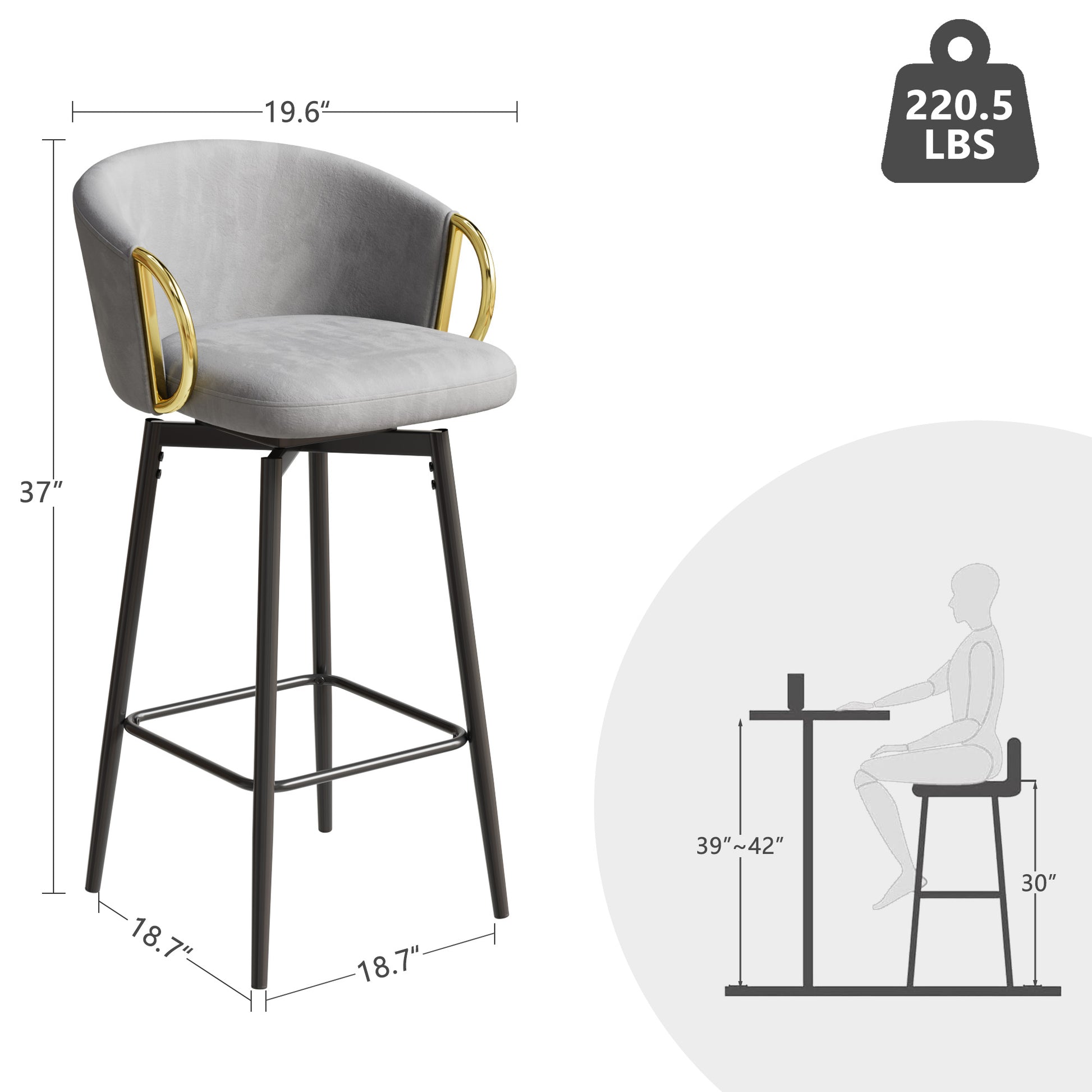 Grey velvet swivel bar stool with gold armrests and black metal legs