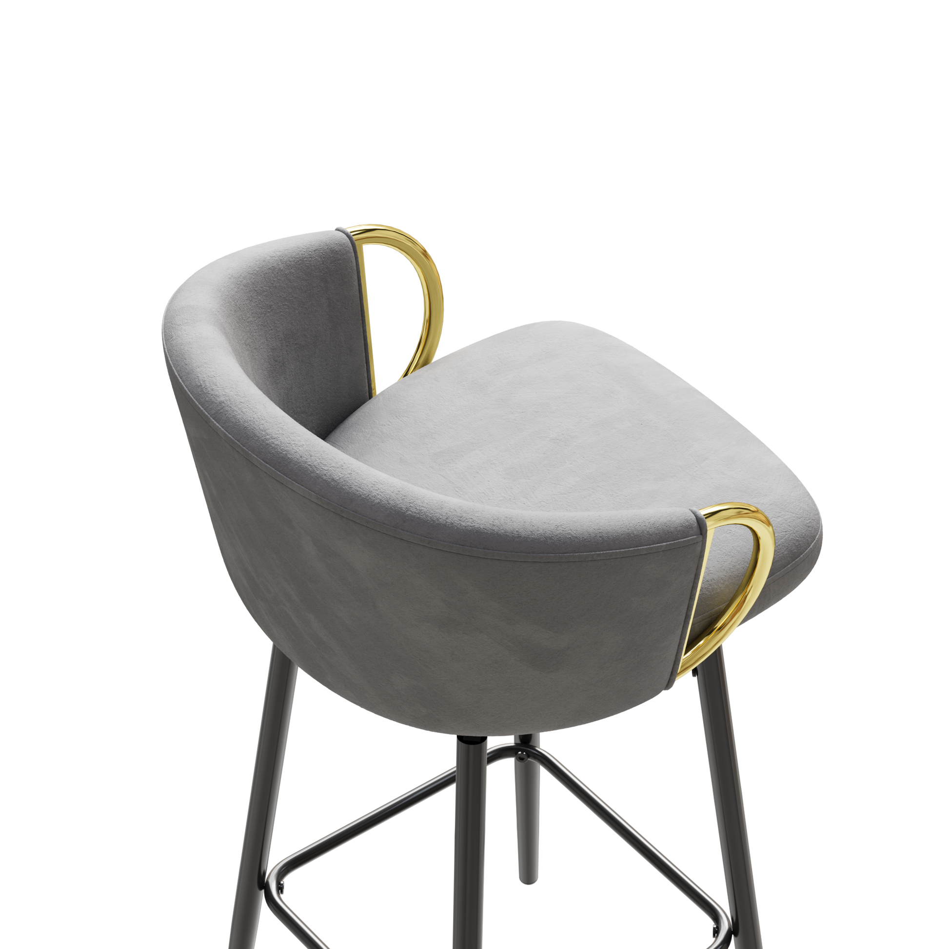 Gray velvet bar stool with gold accents