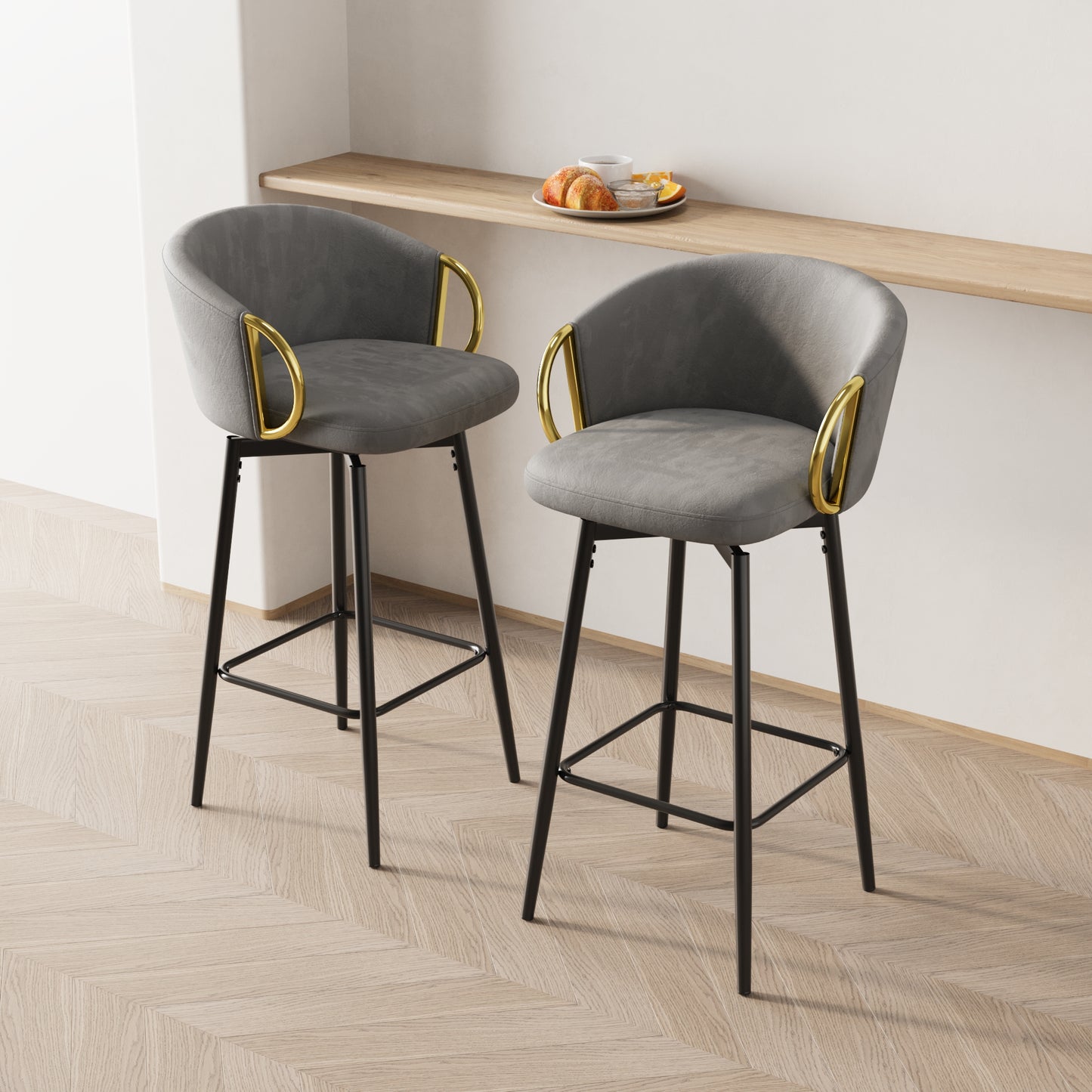 Grey swivel bar stool with gold accents and black metal legs