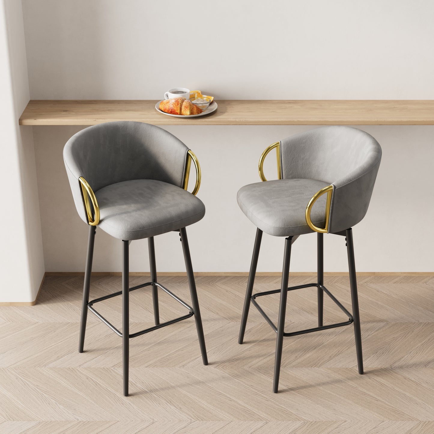 Grey velvet bar stool with gold armrests and black metal legs
